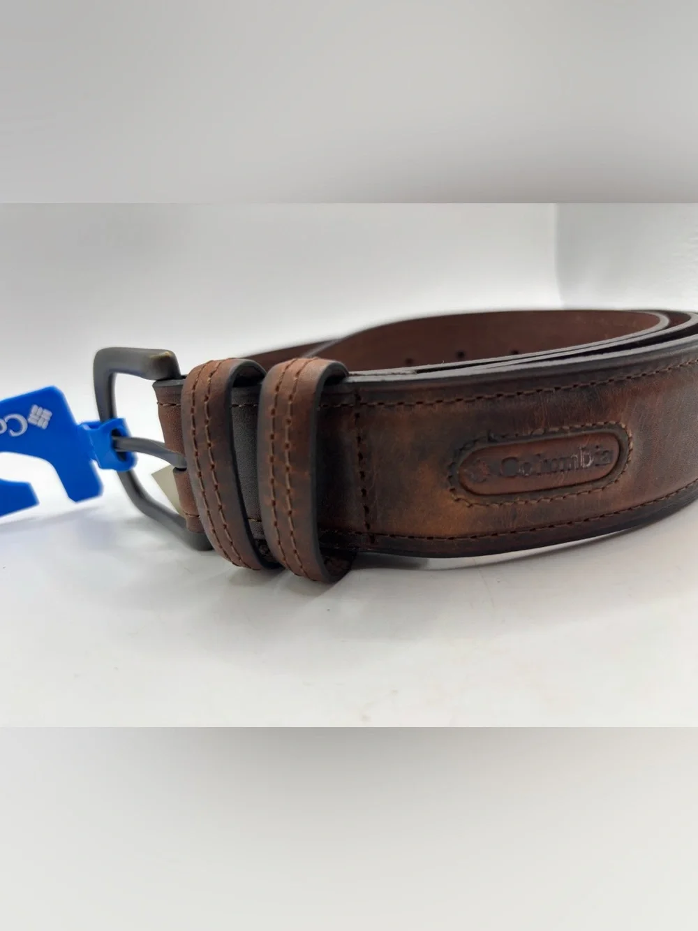 New Columbia Men's Dark Brown Two Tone Leather Belt Size 50 Stitching Big Tall